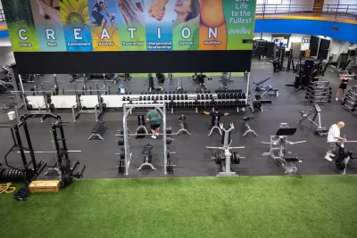 Picture of the gym equipment and indoor turf at the THH Fitness Center