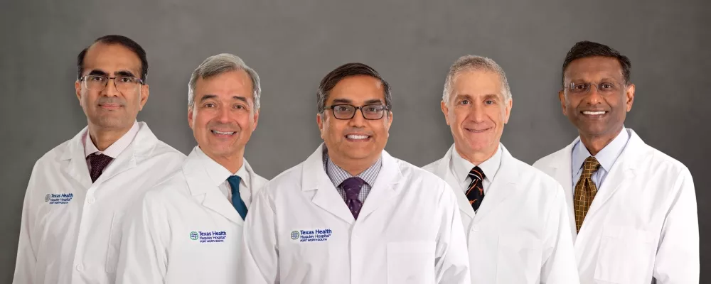 Group photo of 5 cardiologists who recently joined the team at Texas Health Huguley Hospital